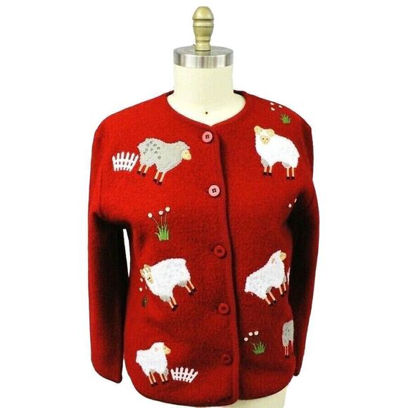 Lisa International-Sweater Jacket Sz M SHEEP Boiled Wool Zip-Up Red Art-to-Wear - Picture 1 of 5